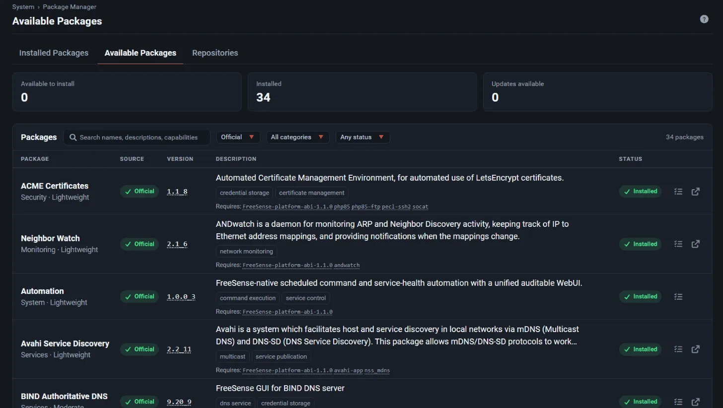 Available Packages with source, version, capability chips, requirements and status