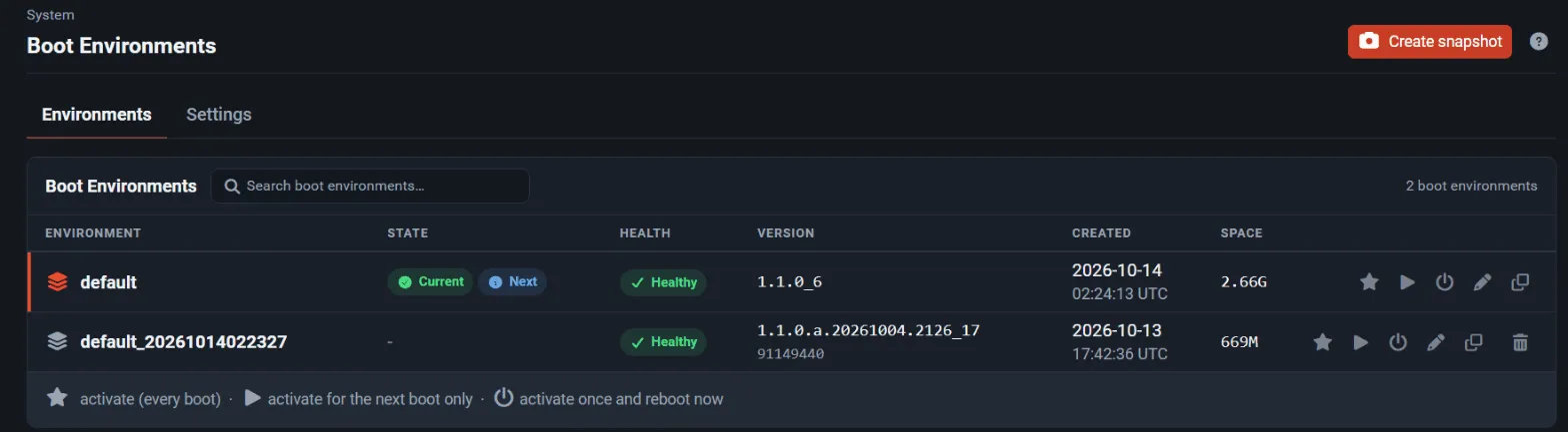 Boot Environments listing the running environment and the pre-upgrade environment with health and version