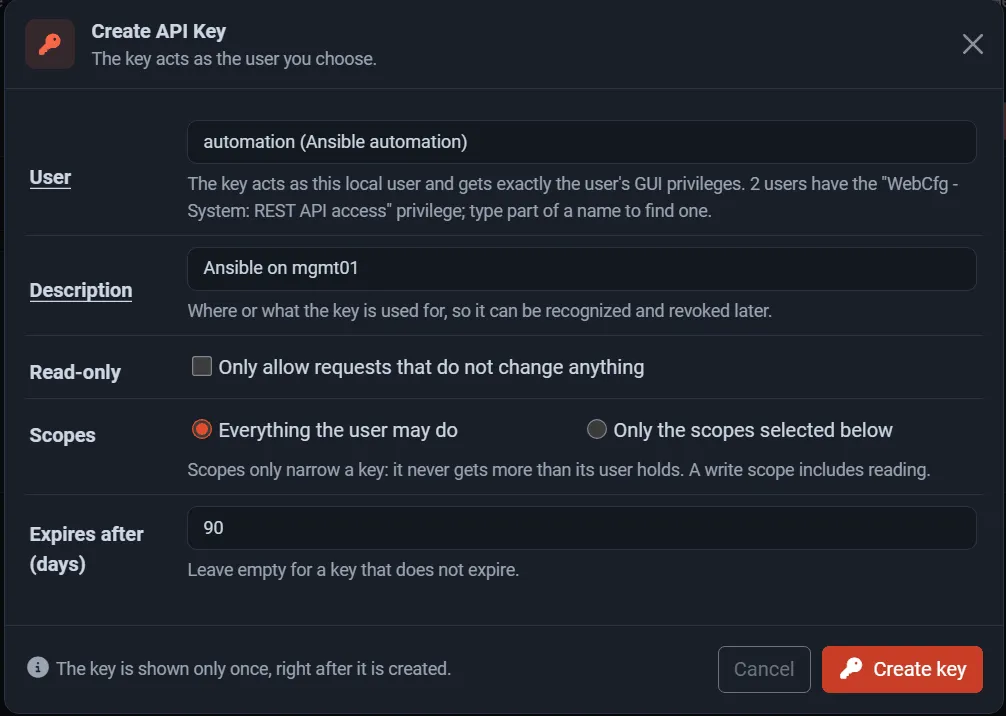 The Create API Key dialog for the automation user with a description and a 90-day expiry