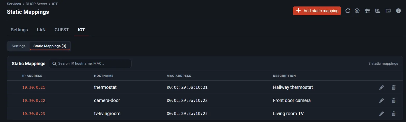 Static mappings on the IOT interface with IP address, hostname, MAC address and description