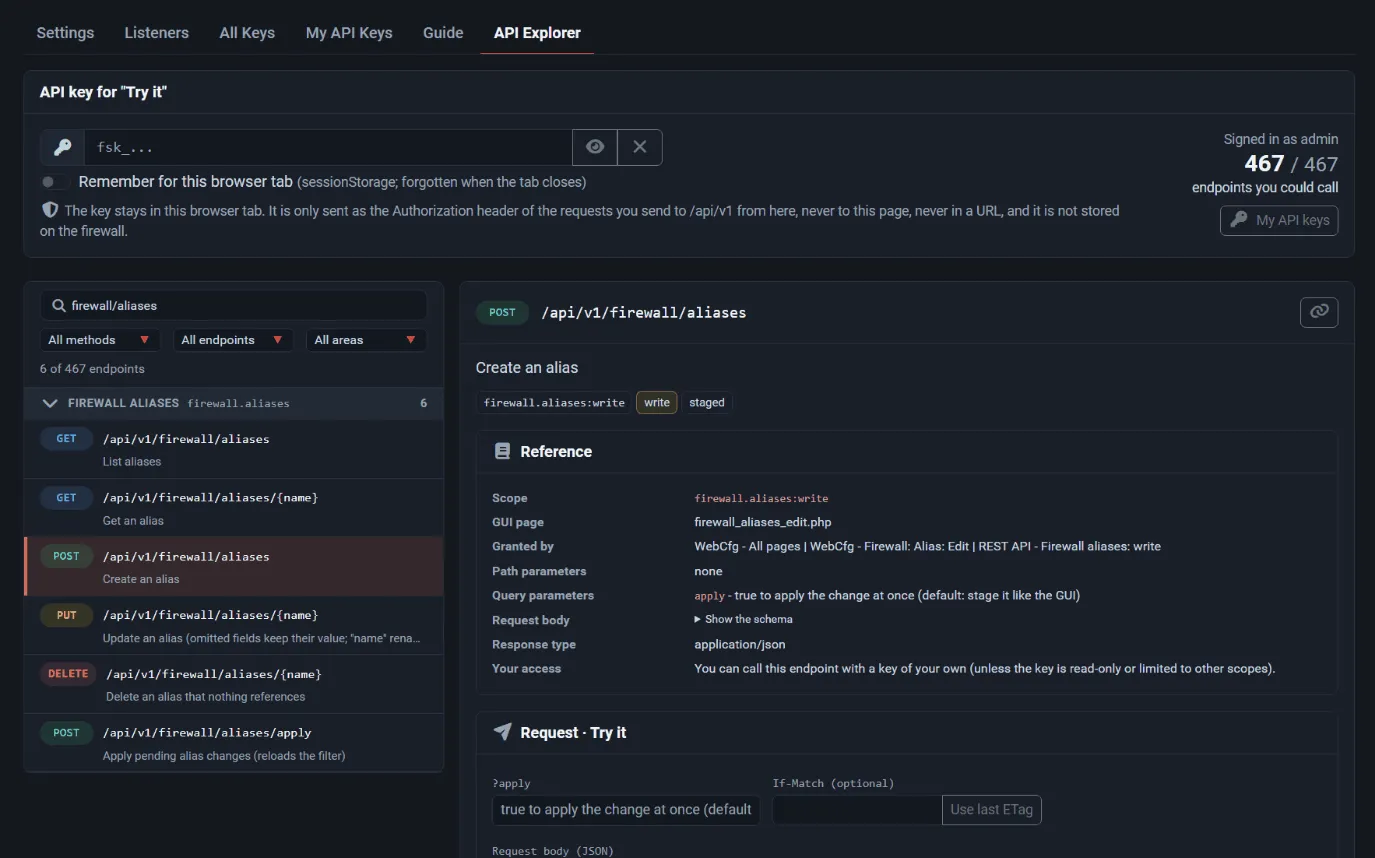 The API Explorer showing the reference for POST /api/v1/firewall/aliases