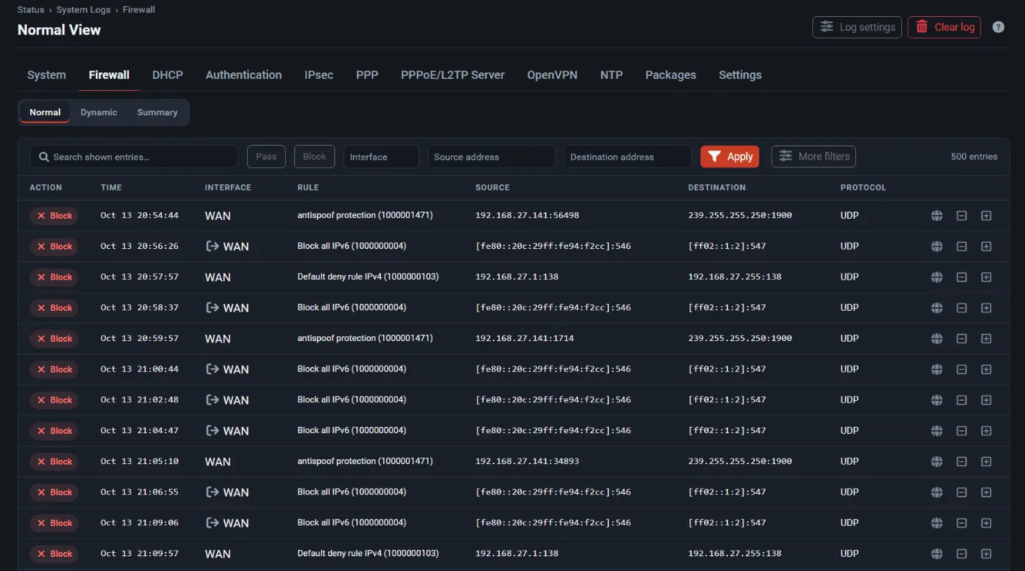 The firewall log in Normal view with blocked packets, the matching rule and source and destination