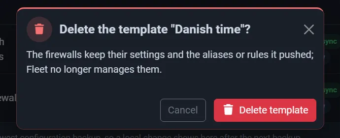 A red confirmation: deleting a template, with Cancel on the left and the action on the right