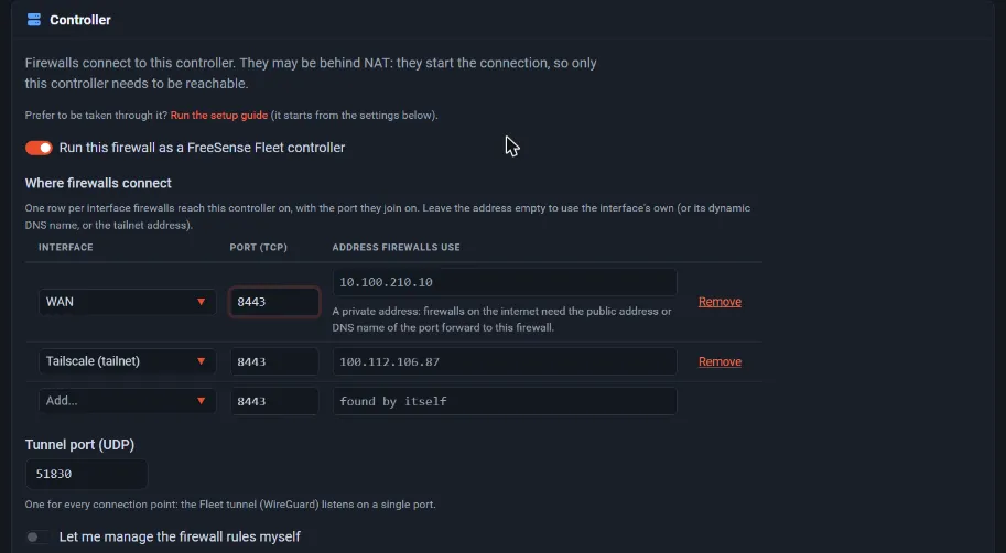 Settings, Controller: a WAN and a Tailscale connection point and the tunnel port