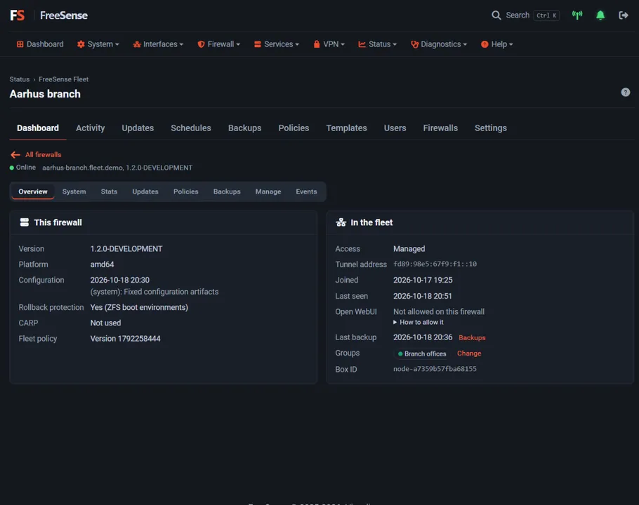 The page of one firewall with its version, rollback protection, tunnel address and groups