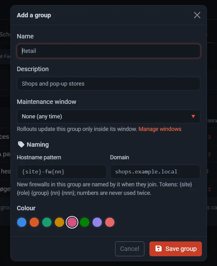 The Add a group dialog with name, description, maintenance window, naming and colour