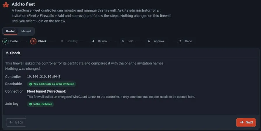 The Check step: the controller answers and its certificate matches