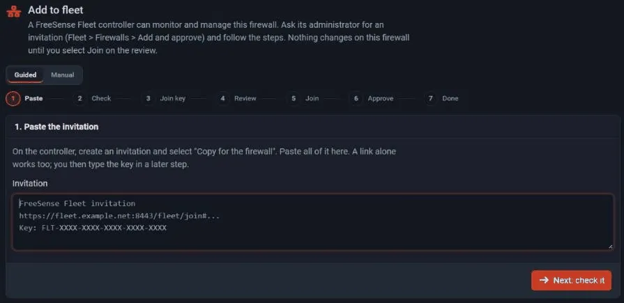 The Add to fleet guide on the new firewall: paste the invitation