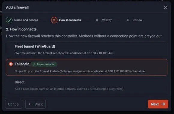 The invitation guide on the controller: how the new firewall connects