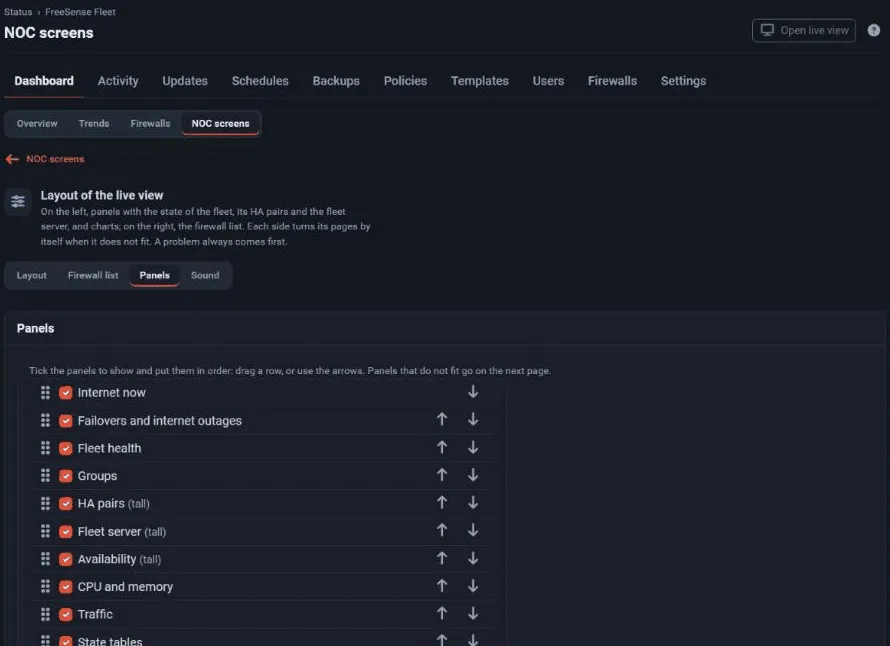 The live view settings: the panels and their order