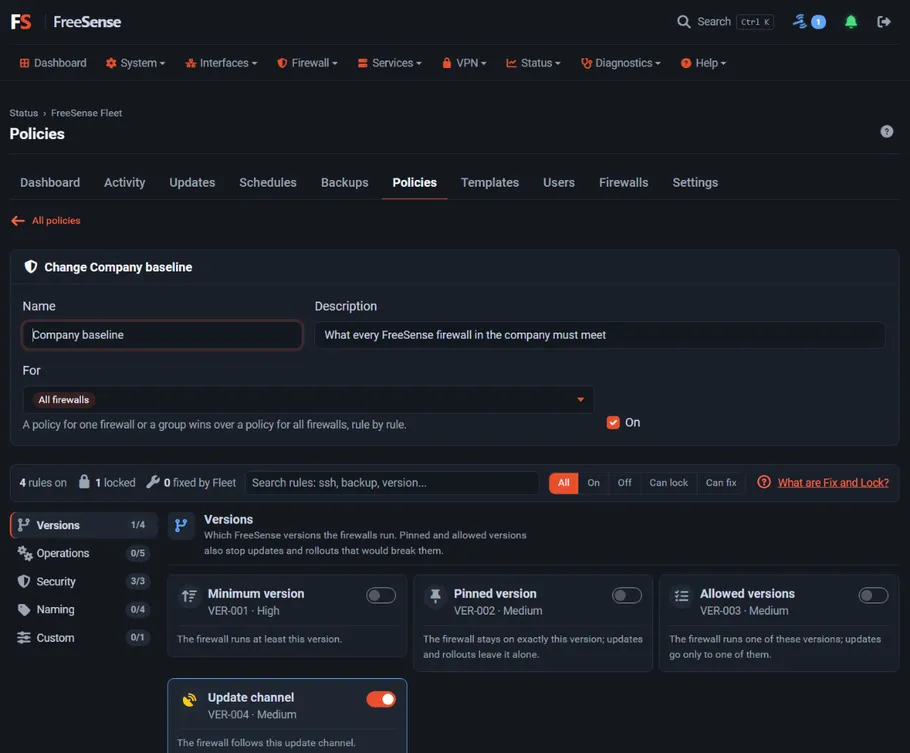 The policy editor with the Security rules on and WebGUI over HTTPS locked