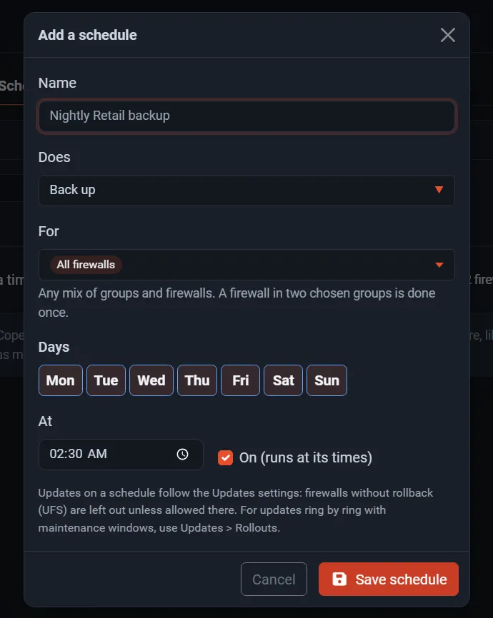 A schedule that reboots the Retail stores group every Sunday at 06