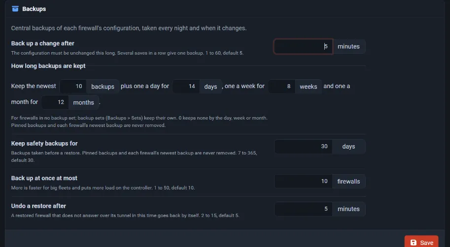 Settings, Backups: one setting per row and retention as one sentence
