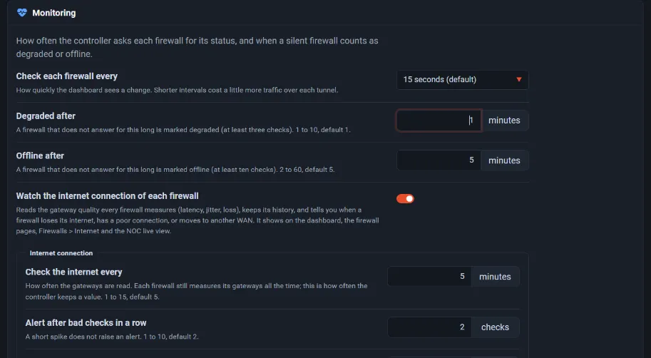 Settings, Monitoring: the internet settings appear while the option is on