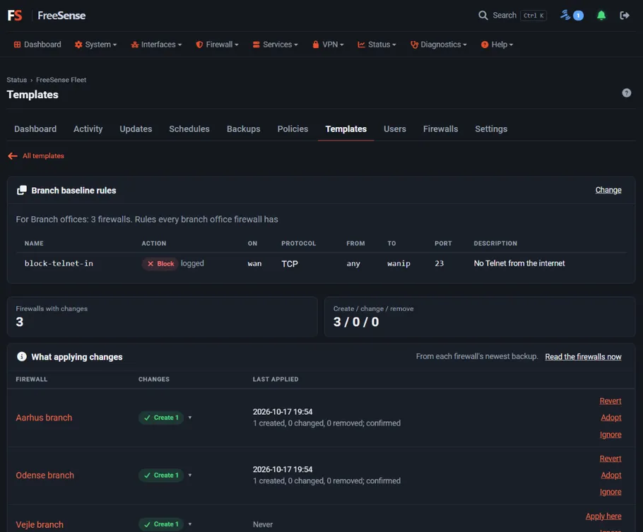 The preview: six firewalls with one change each, with Apply here and Ignore