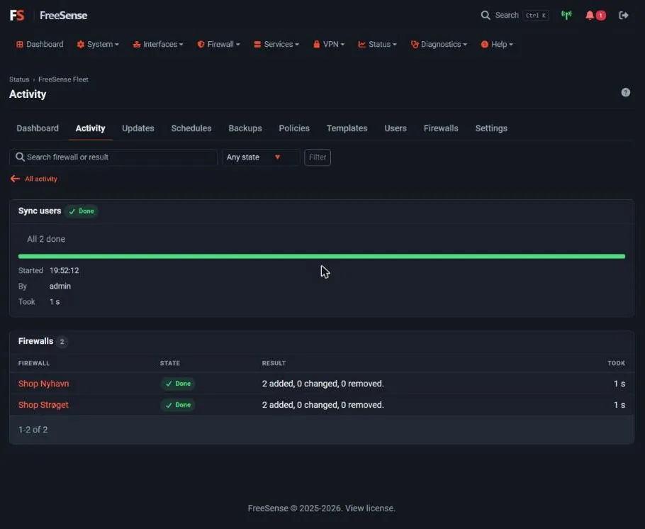 The sync: two users and groups added on each shop firewall
