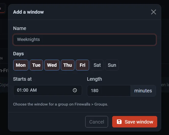 The Add a window dialog: weeknights from 01 for 180 minutes