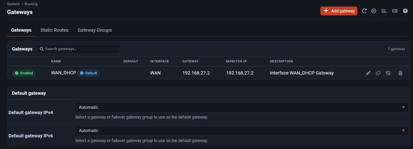 System, Routing, Gateways with the WAN DHCP gateway and the default gateway settings