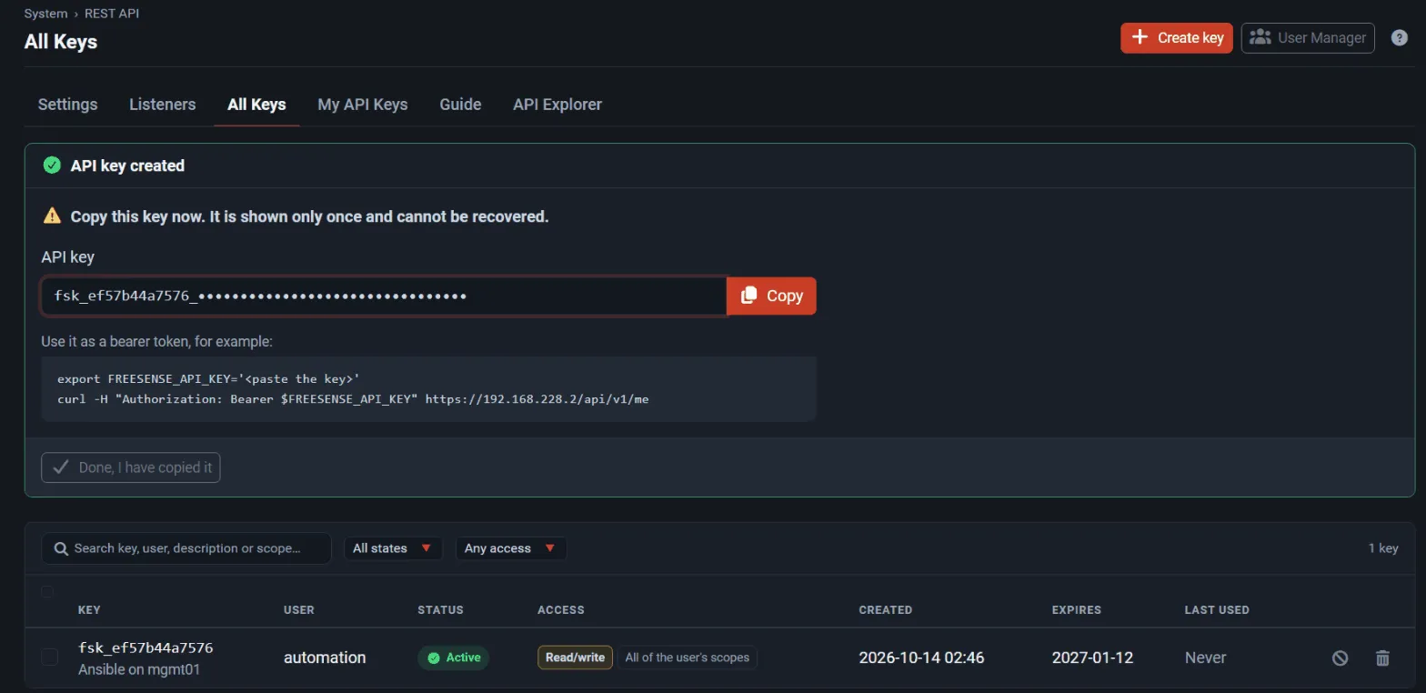 The API key created panel; the secret part of the key is masked in this picture