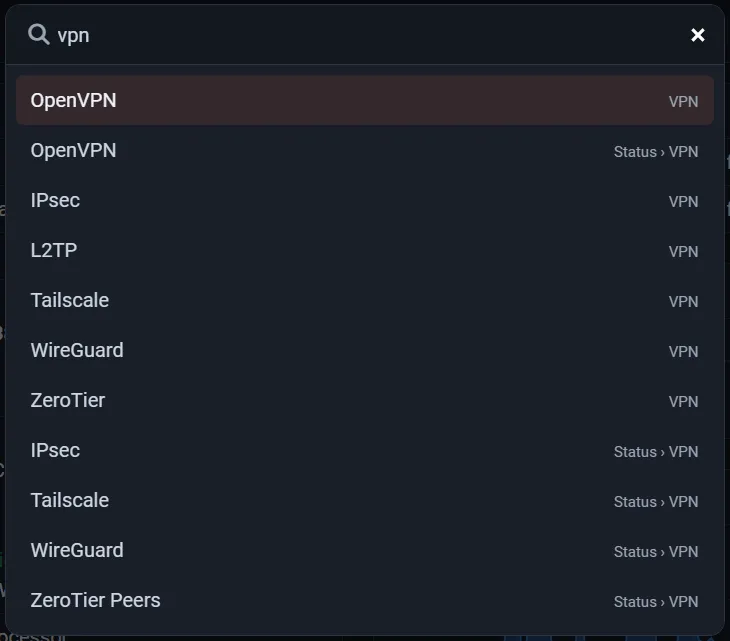 Menu search opened with Ctrl+K, showing results for vpn with their menu and group