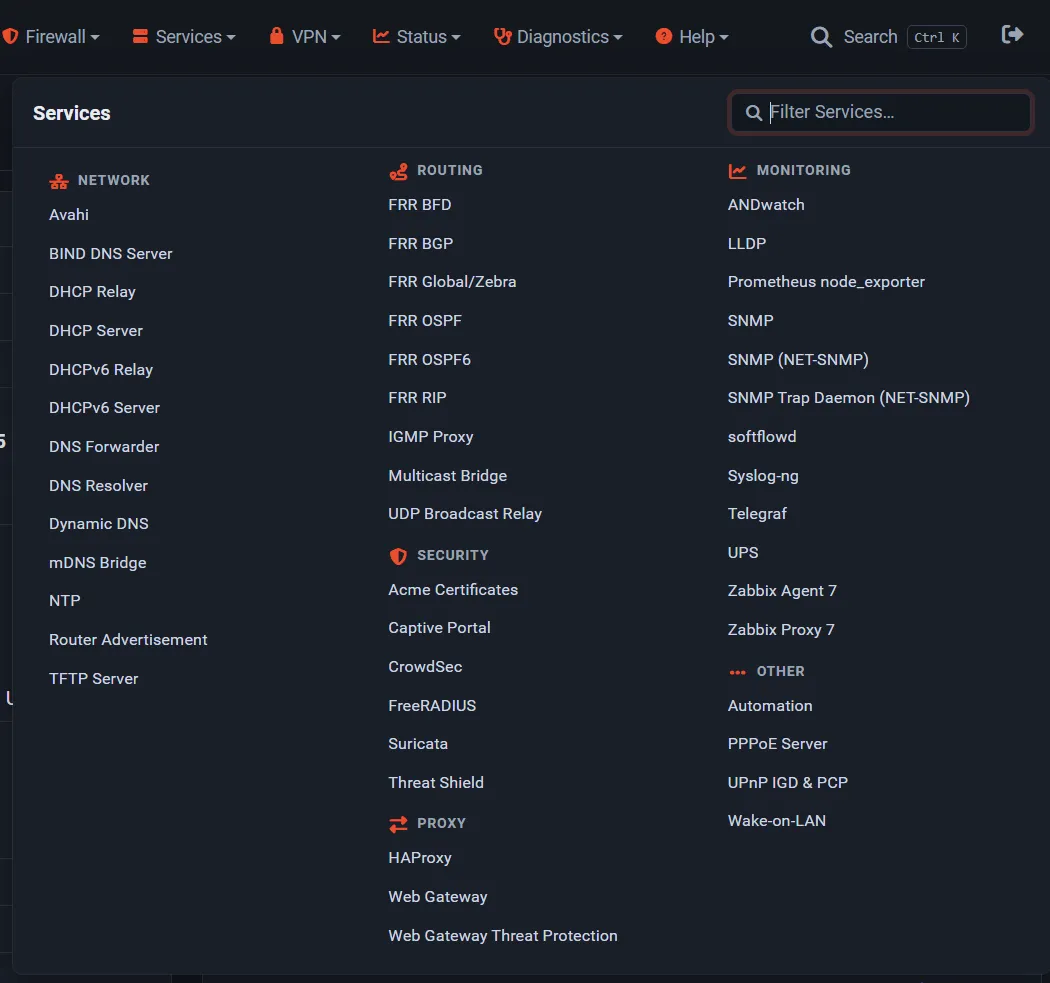 The grouped Services menu in 1.1