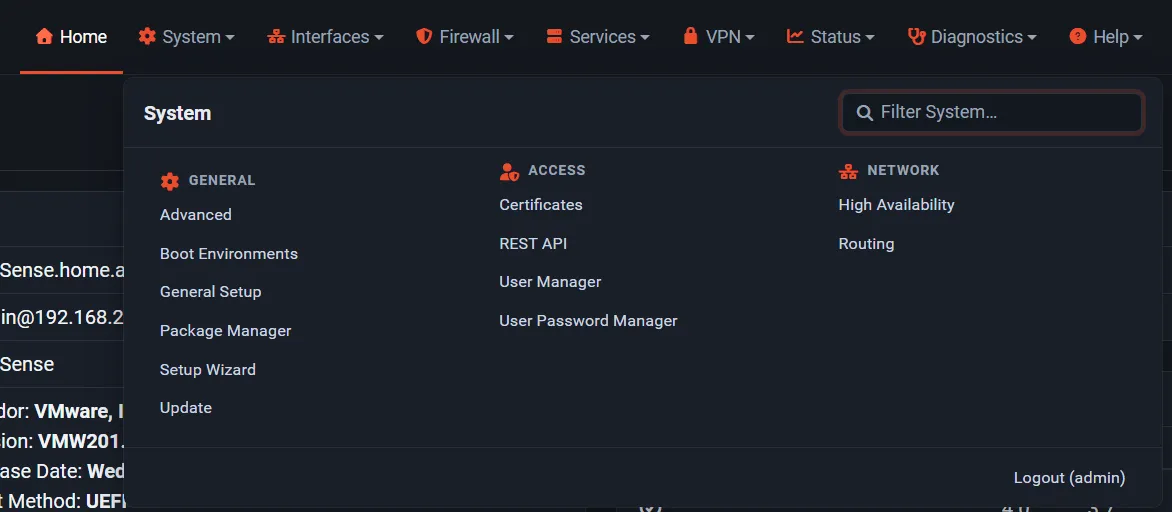 The System menu open as a grouped panel with General, Access and Network groups and a filter box