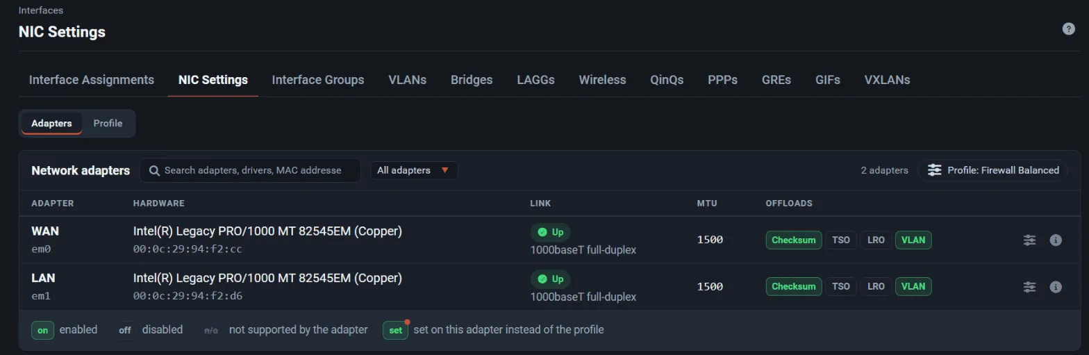 NIC Settings showing each adapter’s hardware, link speed, MTU and offload state