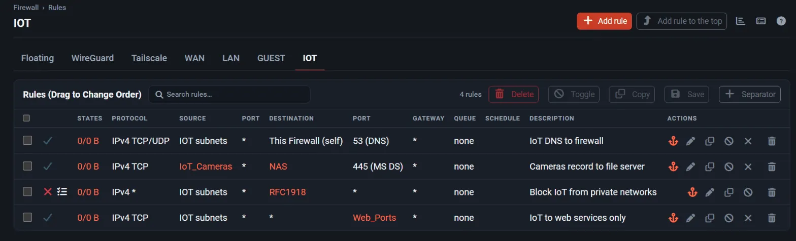 A rule set for an IoT network: DNS to the firewall, cameras to the file server, block private networks, then web ports only