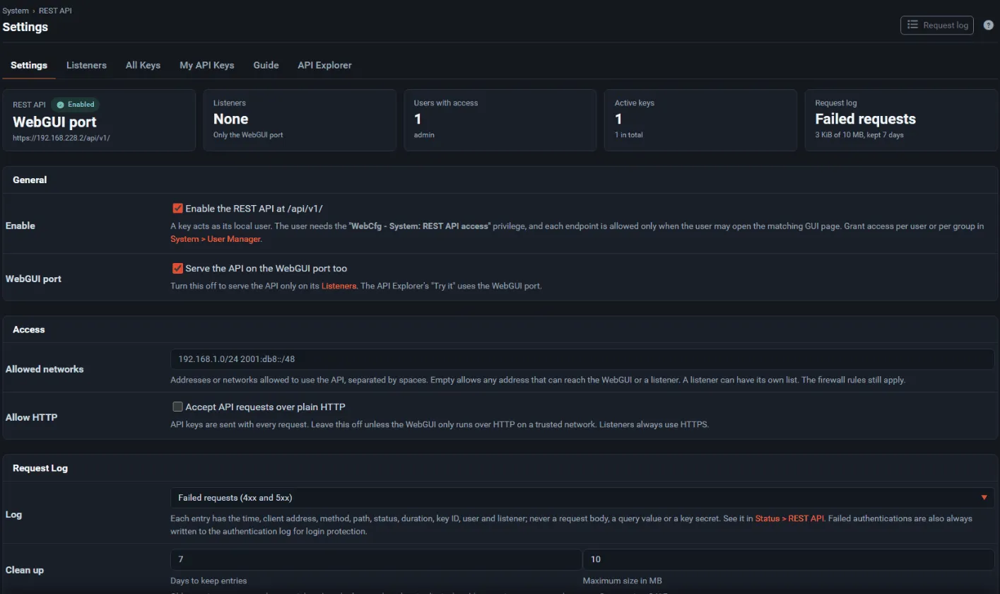 System, REST API, Settings with the API enabled on the WebGUI port and the request log options