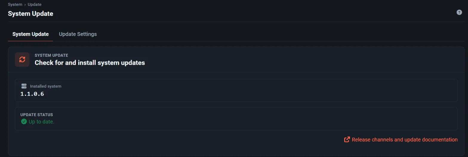 System Update showing the installed system and the status Up to date