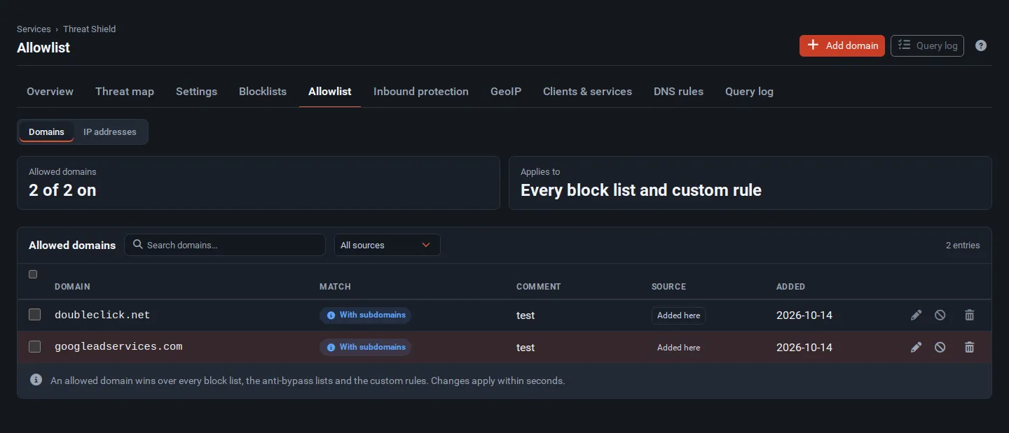The Allowlist tab with two allowed domains, their match type, comment, source and date