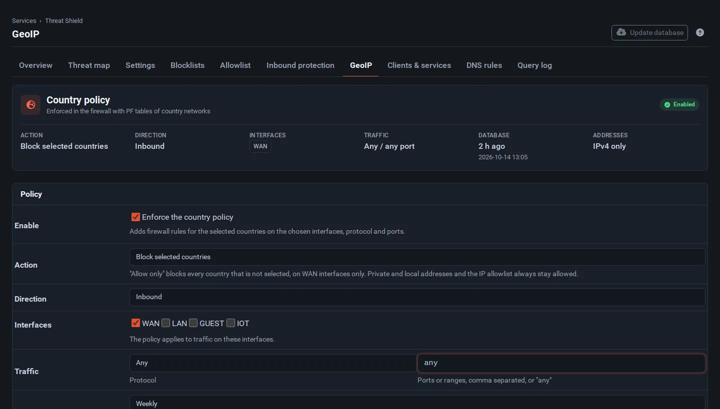 The GeoIP tab: the country policy summary and its settings, enforced on WAN