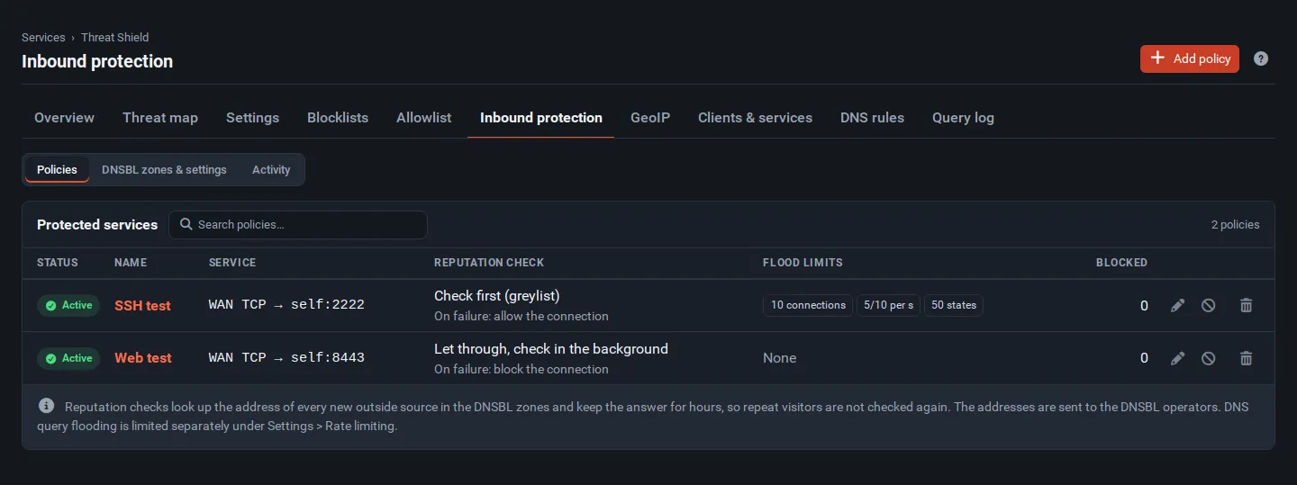 The Inbound protection policies list with an SSH policy using Check first and a web policy using the background check