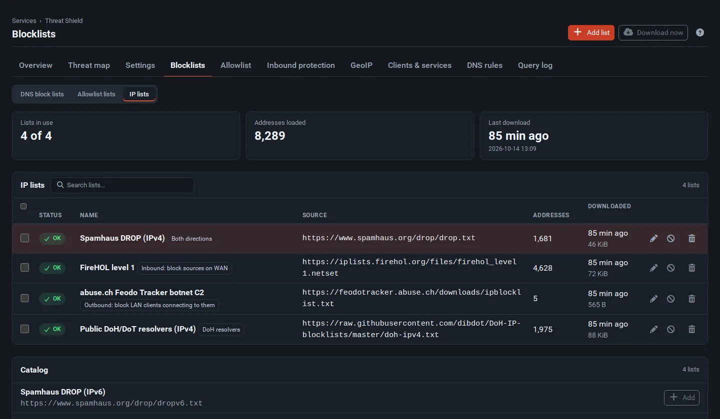 The IP lists view with Spamhaus DROP, FireHOL level 1, abuse.ch Feodo Tracker and the public DoH/DoT resolvers list, each with its address count
