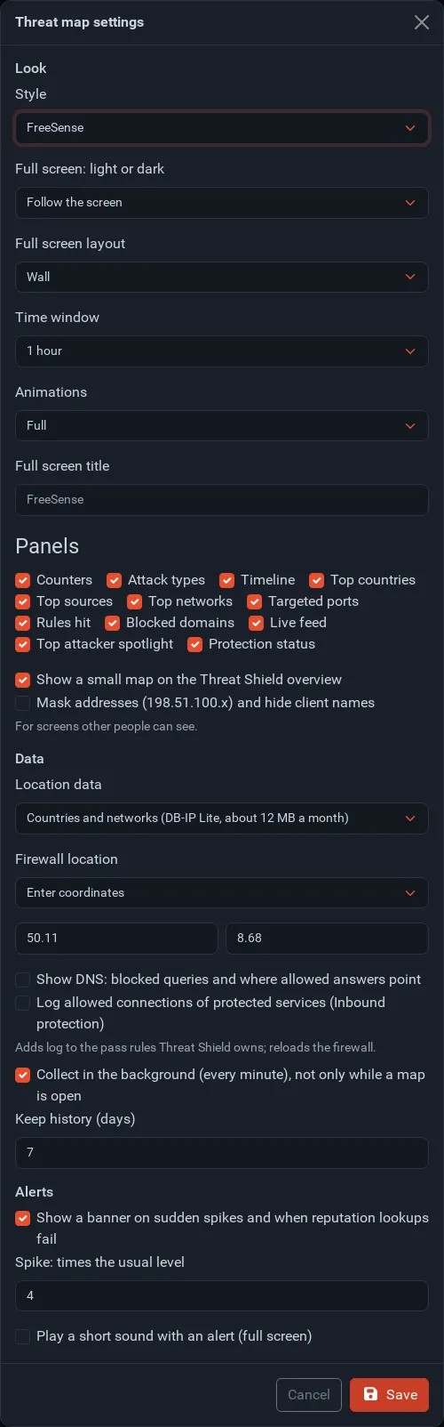 The Threat map settings dialog: look, panels, overview map, masking and location data