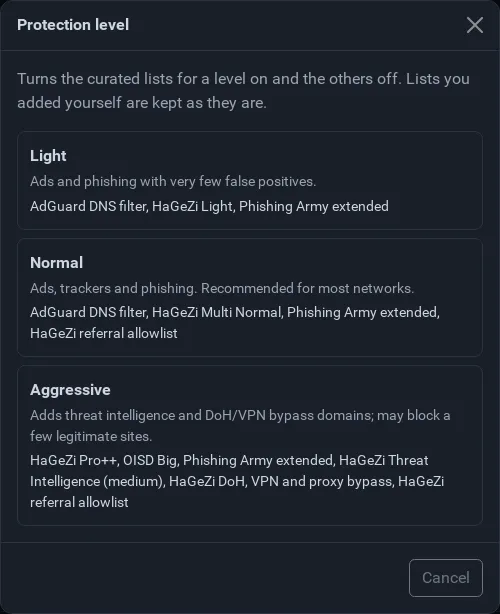 The Protection level dialog with the Light, Normal and Aggressive levels and the lists each one uses