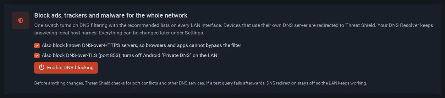 The setup card on the Threat Shield overview with both anti-bypass options ticked and the Enable DNS blocking button