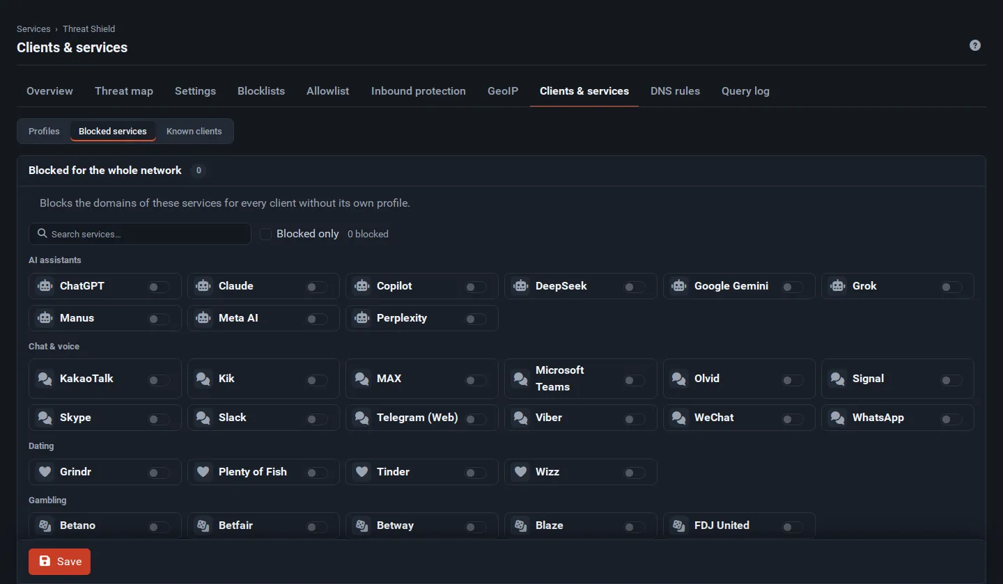 The Blocked services view with switches for AI assistants, chat apps, dating and gambling services