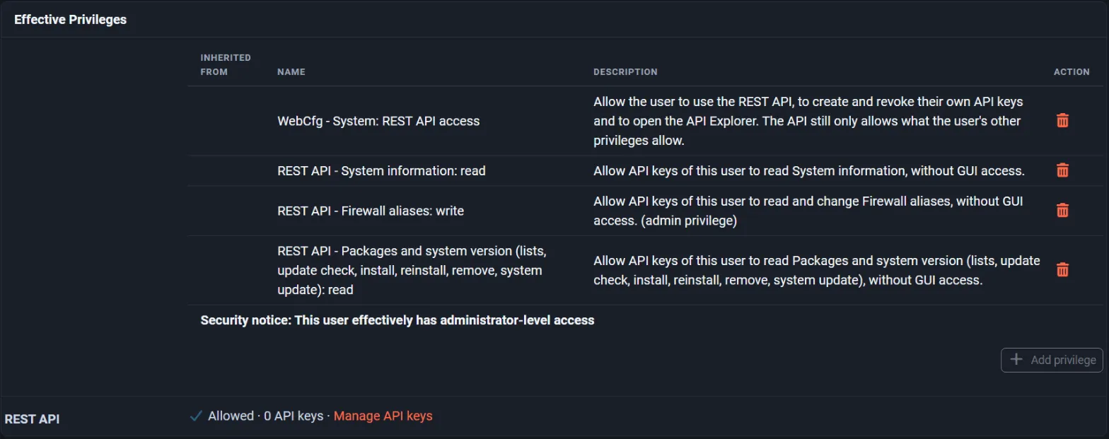 Effective Privileges of the automation user with the REST API line reading Allowed