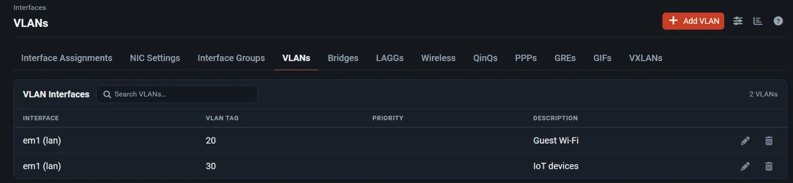 The VLANs tab with VLAN 20 and VLAN 30 on the LAN port