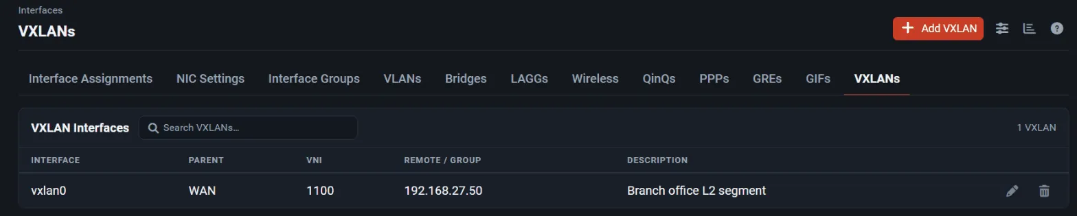 The VXLANs tab listing vxlan0 with its parent, VNI, remote address and description